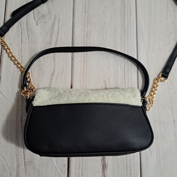 Anne Klein Faux Sherpa Faux Leather Convertible Crossbody Handbag Purse - Picture 8 of 15